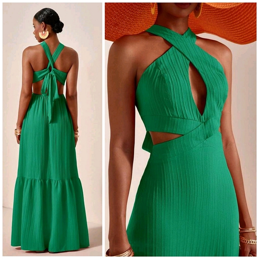 New Lux Tie Cut Out Halter Maxi Dress Green